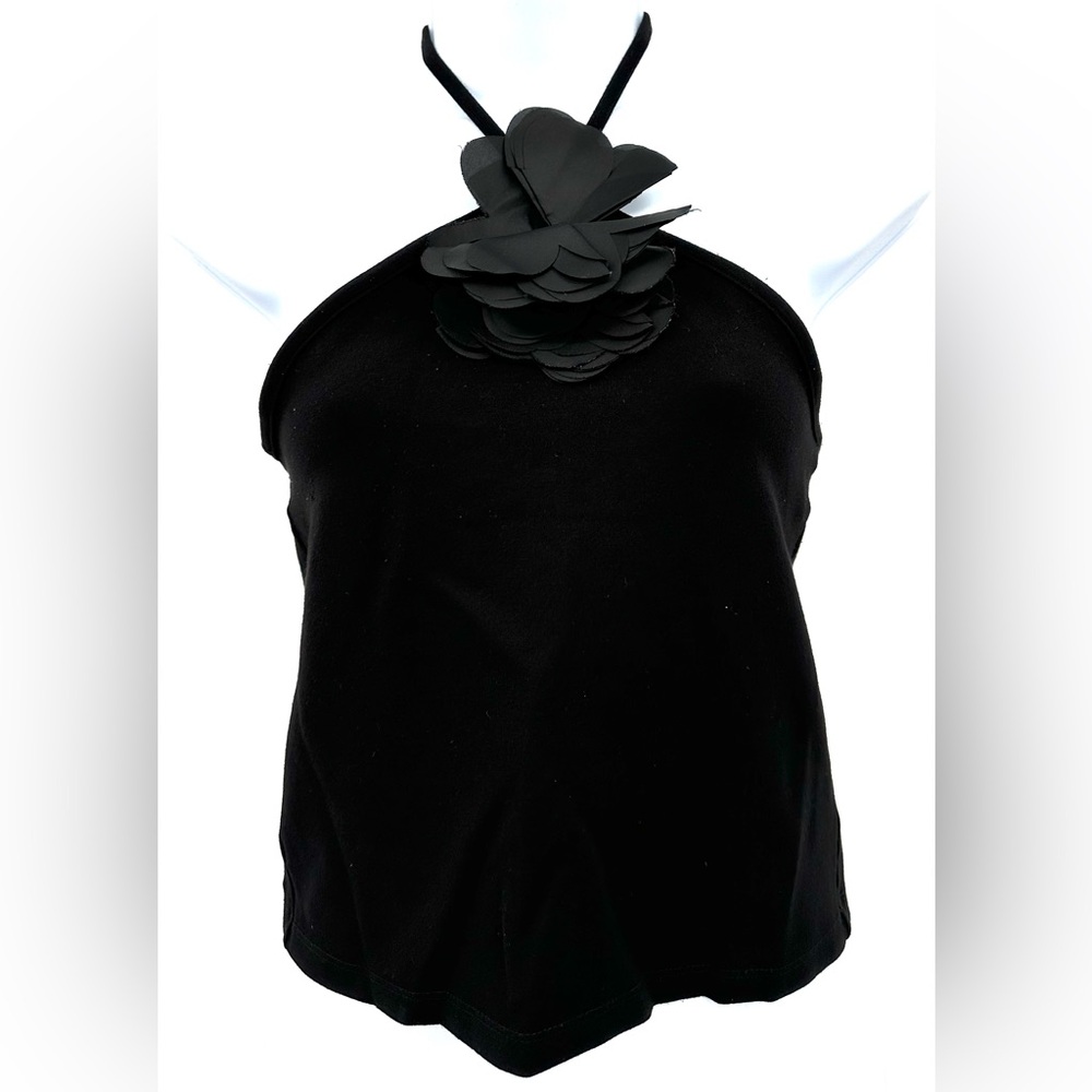 Icone Par Simons Women’s M‎ Black Viscose Blend Halter Crop Top Flower Appliqué